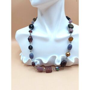 Vintage Purple, Black, Plum Colored Glass Multi Shaped Beaded Necklace